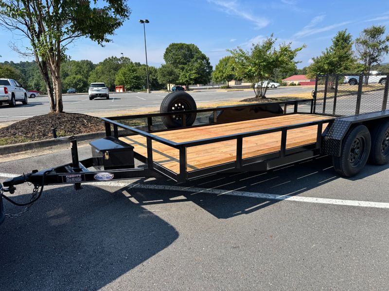 Precision 77 by 16 tandem-axle utility trailer with wood deck and rear loading gate, rented in Little Rock, Arkansas